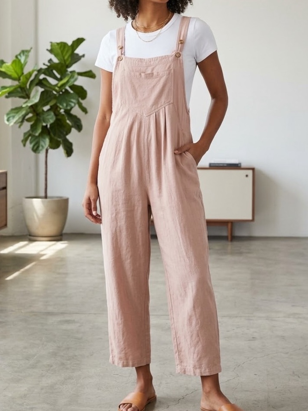 Women’s Light Pink Linen Blend Overalls